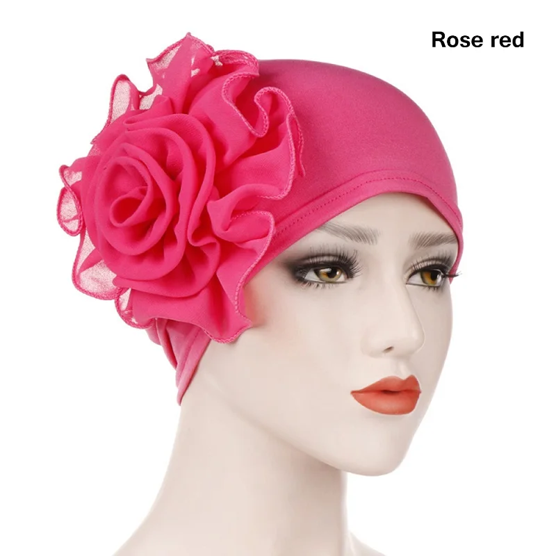 rose red 1 шт. кружевной цветок рюшами мусульманский хиджаб исламский Джерси для женщин тюрбан химиотерапия шляпа шарф дамы новая мода зима теплый головной убор кепки - Цвет: rose red