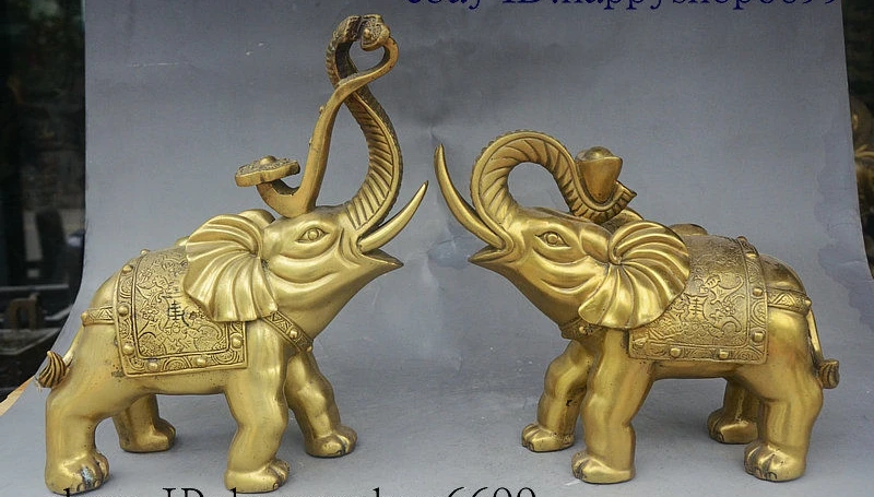 

11" Chinese FengShui Brass Jixiang Ruyi Wealth Elephant Hold Money Statue Pair