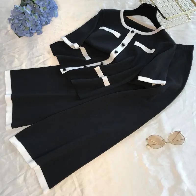 Черный ALPHALMODA вязаный костюм с круглым вырезом и короткими рукавами+ широкие брюки, двухсекционный костюм, женские летние модные трикотажные брюки - Цвет: Черный