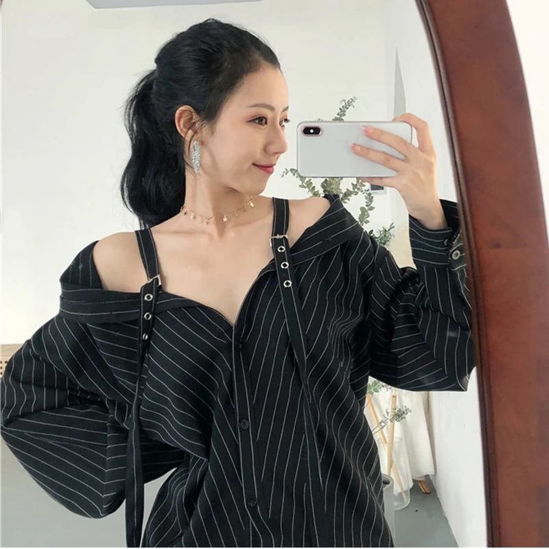 Женская блузка с открытыми плечами винтажная рубашка в полоску без бретелек