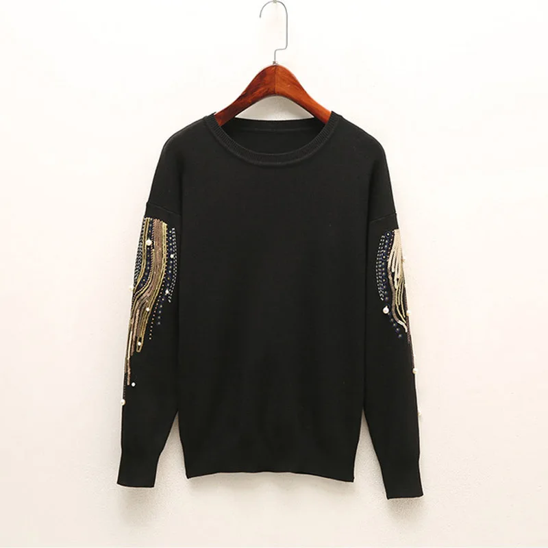 Knitted Embroidery Beads Pearl Women's Sweater Sequined O-neck Jersey Long Sleeve Pullovers Women 2020 Spring Sweaters Woman | Женская