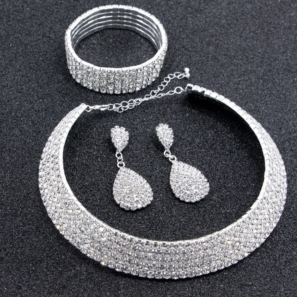 Venda quente Classico de Noiva Strass Cristal Gargantilha Colar Brincos e Pulseira Conjuntos Joias Casamento Acessorios|colar brinco|conjunto