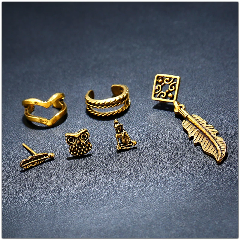 SHEEGIOR, винтажные милые серьги-манжеты, набор, Bijoux Femme, милые мини серьги-гвоздики с изображением совы, пера, Будды, женские модные ювелирные изделия, подарок