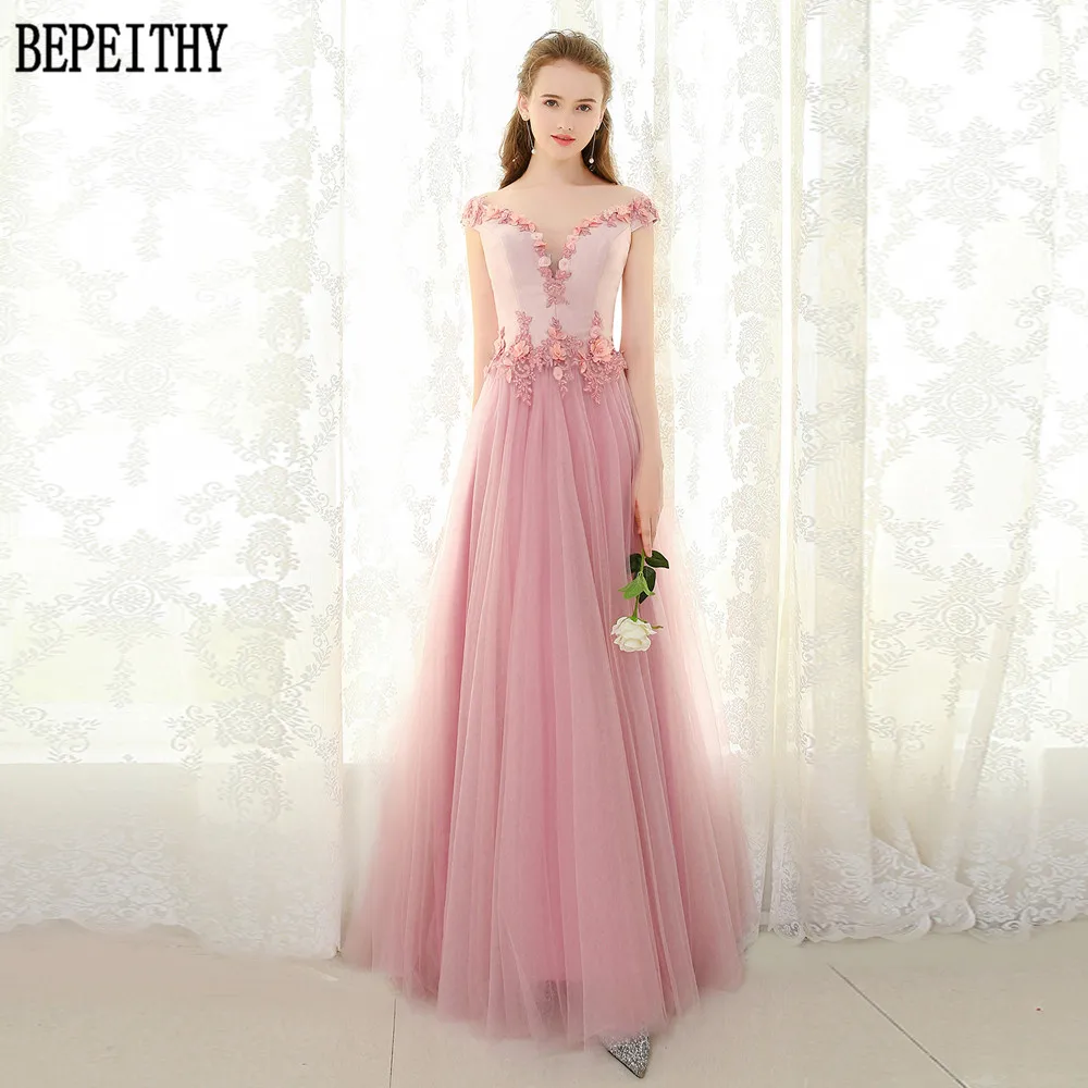 BEPEITHY vestido de festa пыльно-розовое ТРАПЕЦИЕВИДНОЕ фатиновое платье с v-образным вырезом и цветами, аппликация вечернее платье вечерние элегантные Длинное выпускное платье