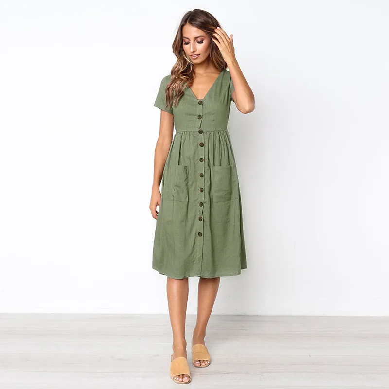 Summer Dress Casual V-Neck Short Sleeve Vintage Women Solid Colors Button Pockets A-Lin Sexy vestidos WHOLESALE | Женская одежда