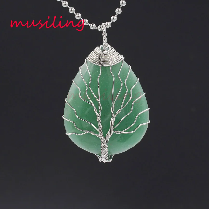 Aventurine Покрытый серебром натуральный драгоценные камни подвески жизнь дерево капли воды рейки маятник талисманы амулет модные украшения для женщин 10 шт - Окраска металла: Aventurine