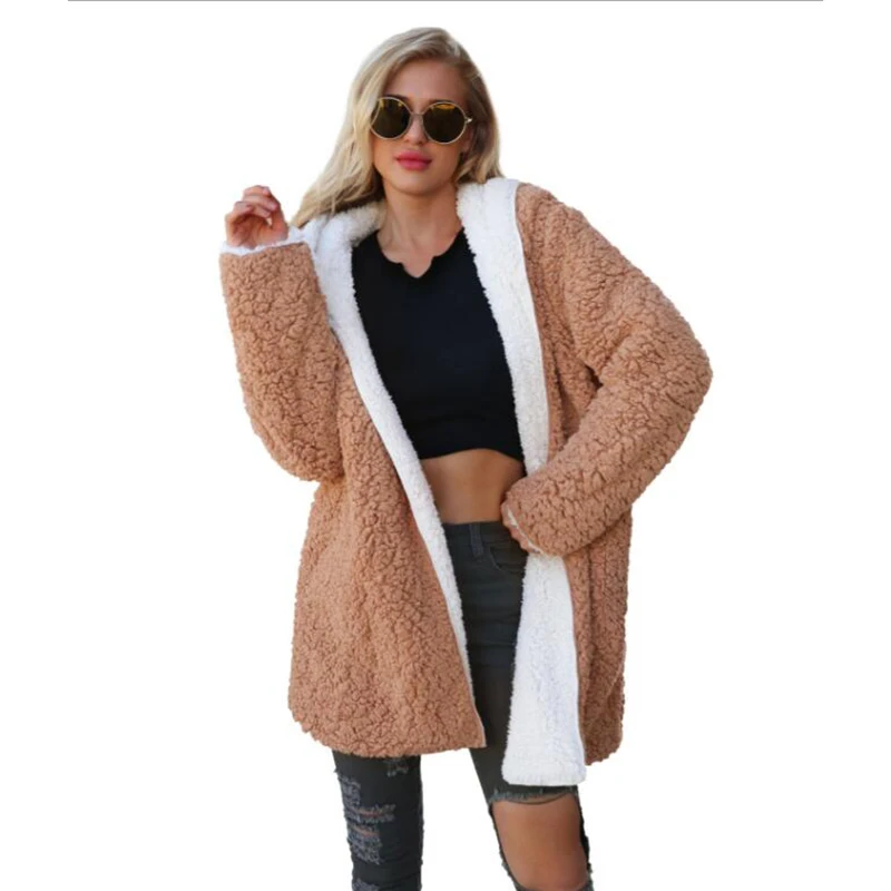 Женское кашемировое пальто с капюшоном утолщенный теплый кардиган флисовой