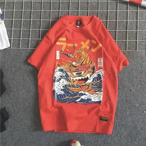 red Японские летние с коротким рукавом Harajuku новые повседневные Большие размеры женские волна пара хлопок мультфильм Свободные футболки o-образным вырезом топы - Цвет: red