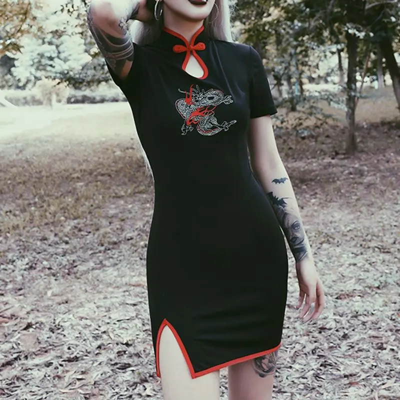 Женское платье-Чонсам Ruibbit черное винтажное мини-платье в стиле панк с вышивкой и