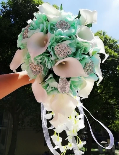 Tiffany Blue Водопад Красные Свадебные цветы Свадебные букеты искусственный жемчуг Кристалл Свадебные букеты букет De Mariage Роза - Цвет: Tiffany Blue