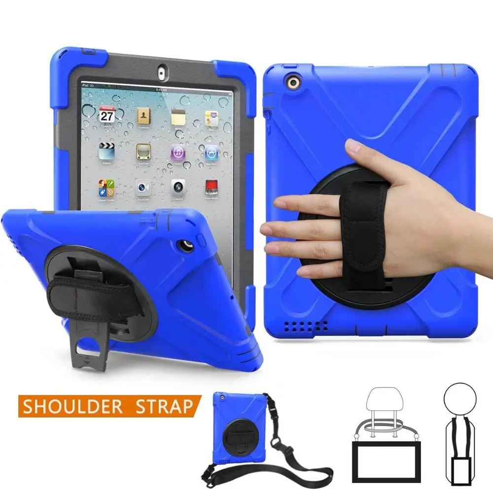 blue Для Apple iPad 2/3/4 чехол Гибридный 3 Слои Броня прочная Противоударная подставка плечевой ремень крышка для iPad 2nd 3rd 4th поколения - Цвет: blue