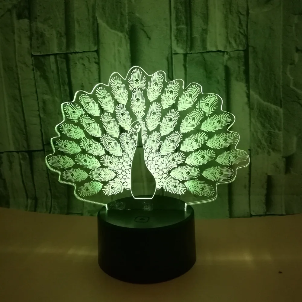 Павлин 3d лампа семь цветов Изменение 3D Led визуальный подарок маленький ночник