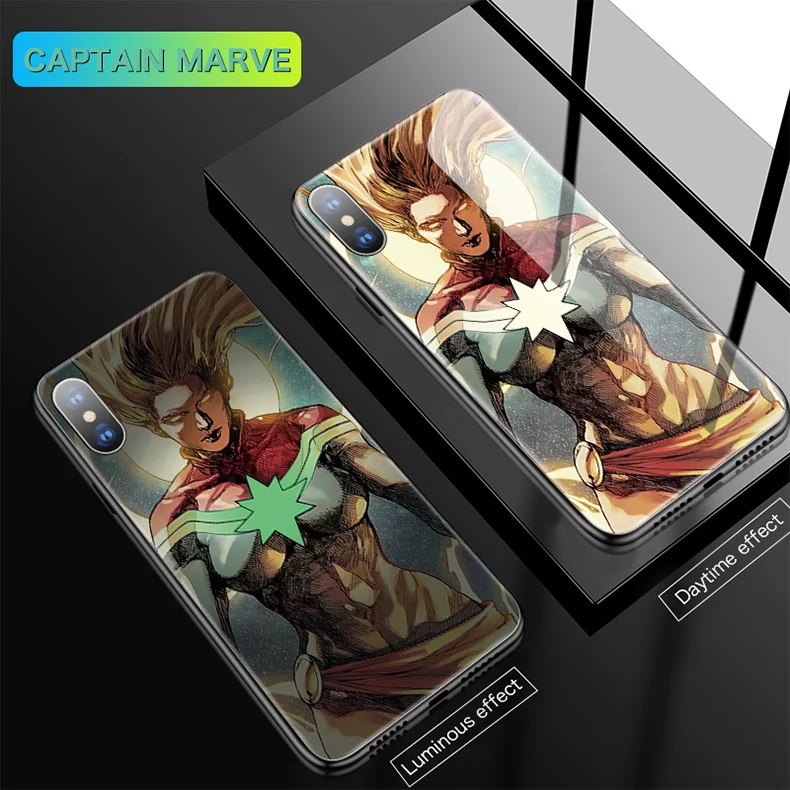 Coque капитан Марвел Бэтмен Железный человек световой Стекло чехол для телефона для iPhone 11 Pro XSmax XR XS X 8 7 6s 6 Plus черный пантера крышка
