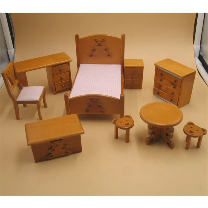 

1:12 Miniature Dollhouse Wooden Furniture toy for dolls kawaii mini bed table chair children Playing House Game Toys Gift