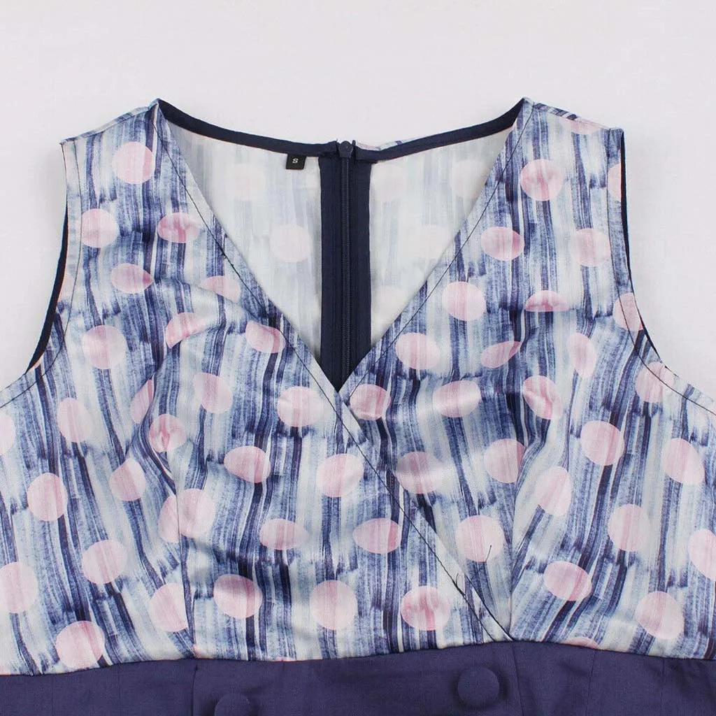 Женское винтажное платье с v образным вырезом на молнии без рукавов принтом в