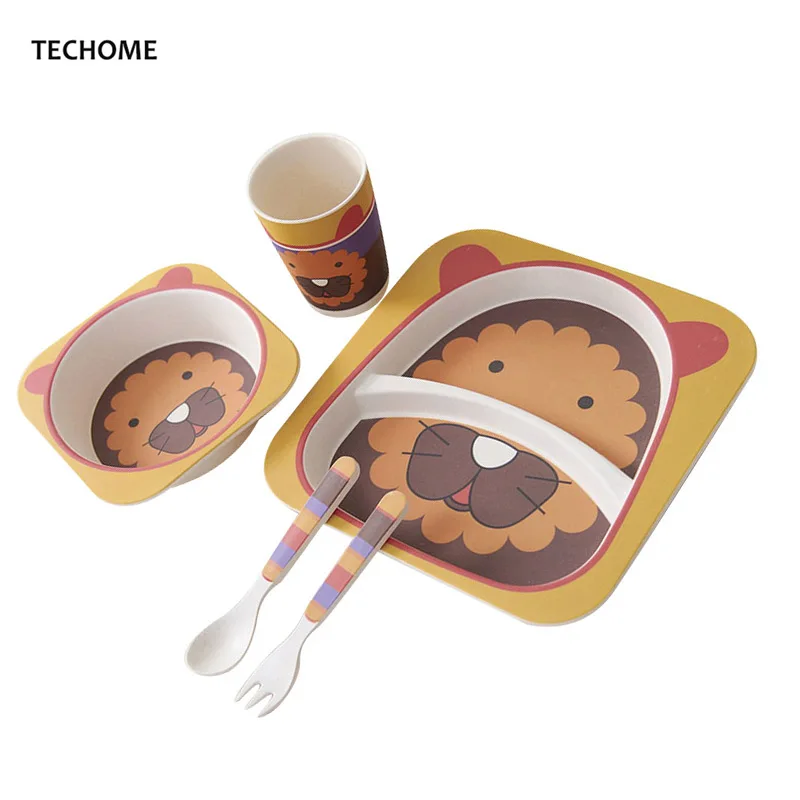 

5 pcs/set Cartoon Baby Dishes Set Bamboo fiber Plate Bowl Cup Fork Spoon Sub-grid Tableware Infant Toddler Feeding Accessories