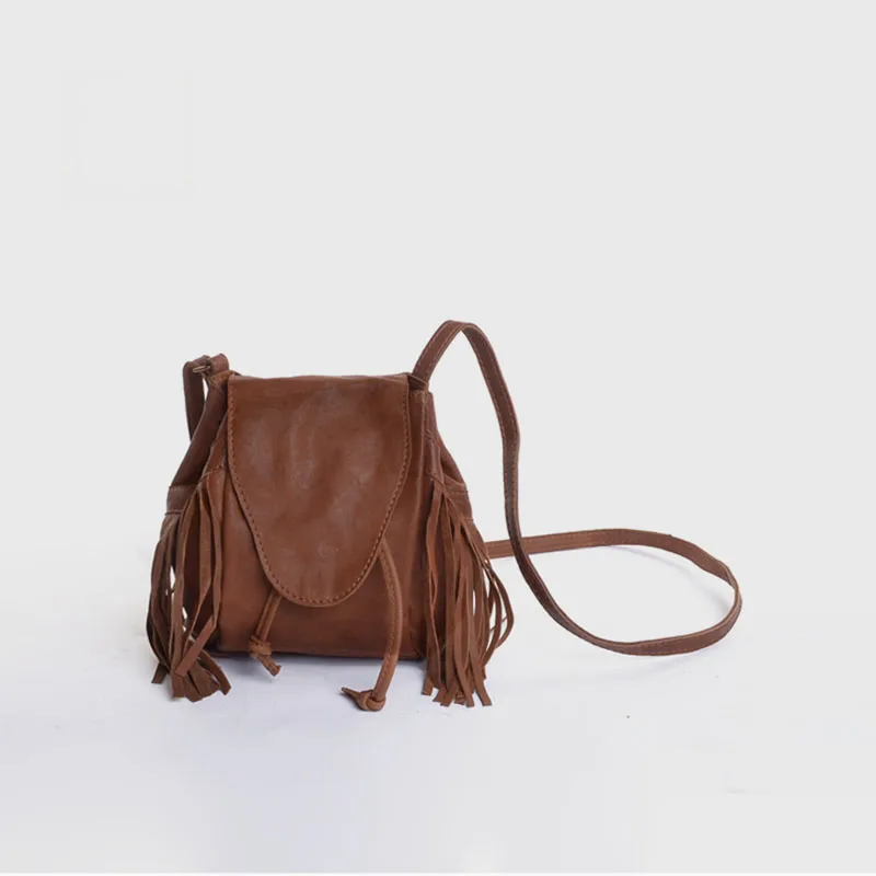 Vendange new retro mini bucket sheepskin bags handmade tassel shoulder bag/ messenger bag 2227