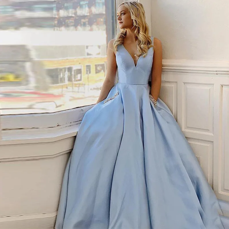 vestidos de Noiva Simple V-Neck Light Sky Blue Prom Dresses Beads Pockets A-line Evening Party Gowns Women Long Formal Dress
vestidos de Noiva Simple V-Neck Light Sky Blue Prom Dresses Beads Pockets A-line Evening Party Gowns Women Long Formal Dress