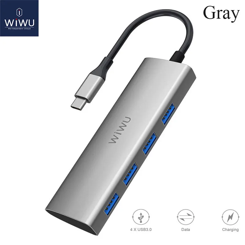 Gray WIWU usb-хаб 4 Порты адаптер multi USB для MacBook Pro Air Mouse USB разветвитель Тип C концентратор для samsung быстрой зарядки ноутбука usb-хаб 3,0 - Цвет: Gray