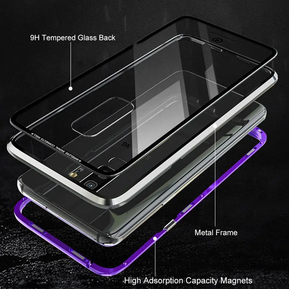 For Samsung Galaxy S8 S9 Plus Magnetic Absorption Temper Glass Back Metal Bumper Frame Case Cover |