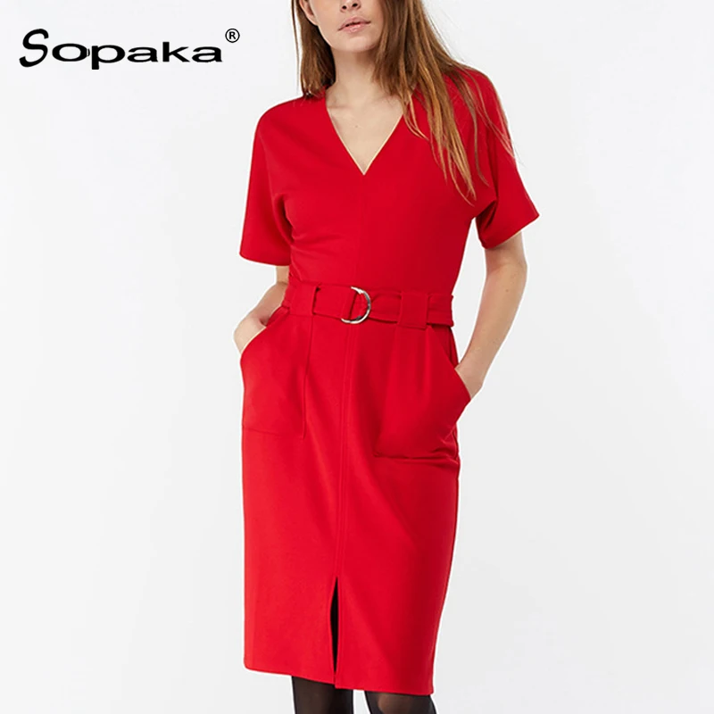 2019 Весенняя мода красный сплошной V образным вырезом Пояса женское платье миди