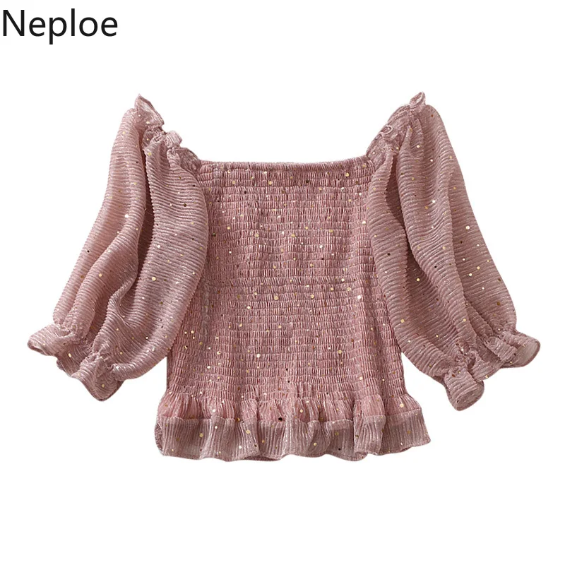Neploe Sequined Women Tops Summer 2019 Fashion Slash Neck Lantern Sleeve Blouse Slim Waist Ruffles Ladies Blusa 44158 |