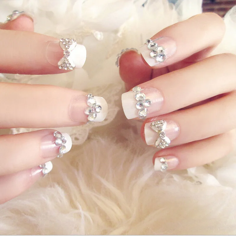 Простой 24 шт./компл. 3D бант Стразы французские Готовые накладные ногти короткий