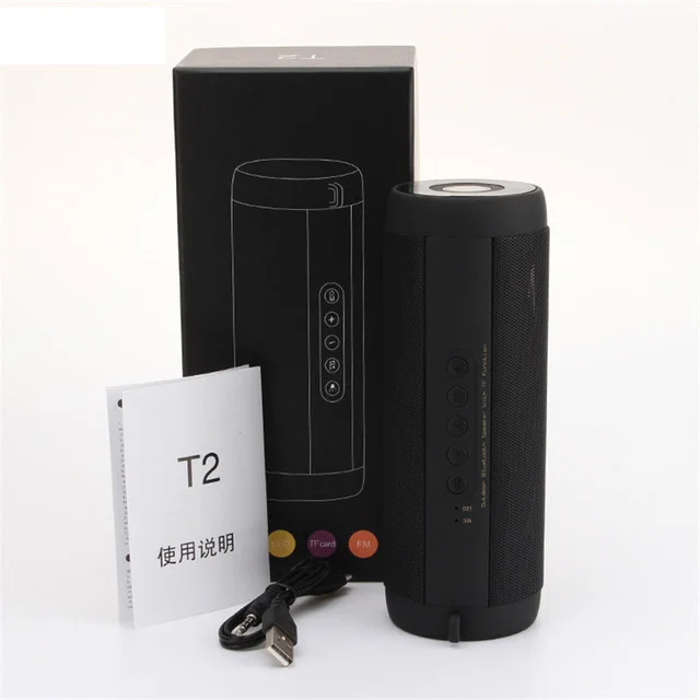 Black with box T2 Led Bluetooth динамик водонепроницаемый портативный Колонка Беспроводная колонка супер бас динамик поддержка TF FM стерео Hi-Fi мини звук Бо - Цвет: Black with box