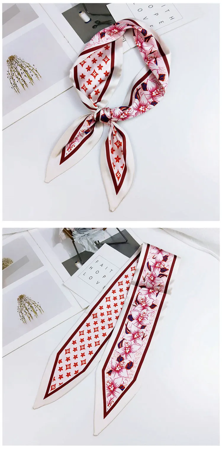 Fashion Hair Scarf For Women Neckerchief Cute Tie Wrist Ribbons Print Silk Satin Bag Scarfs Long Skinny Scarves For Ladies
