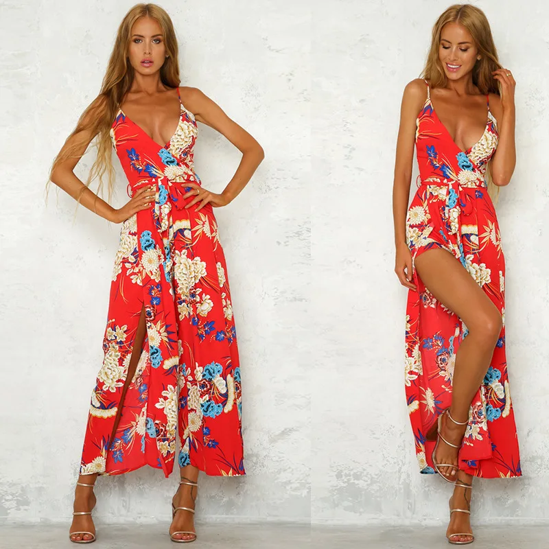 Лето 2019 Новый Boho Сексуальный женский комбинезон с v-образным вырезом без рукавов