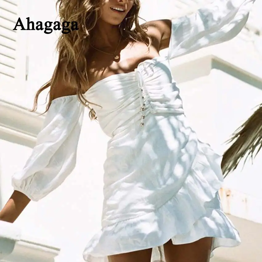 Ahagaga 2019 летнее платье Для женщин модные однотонные белый Slash шеи с длинными