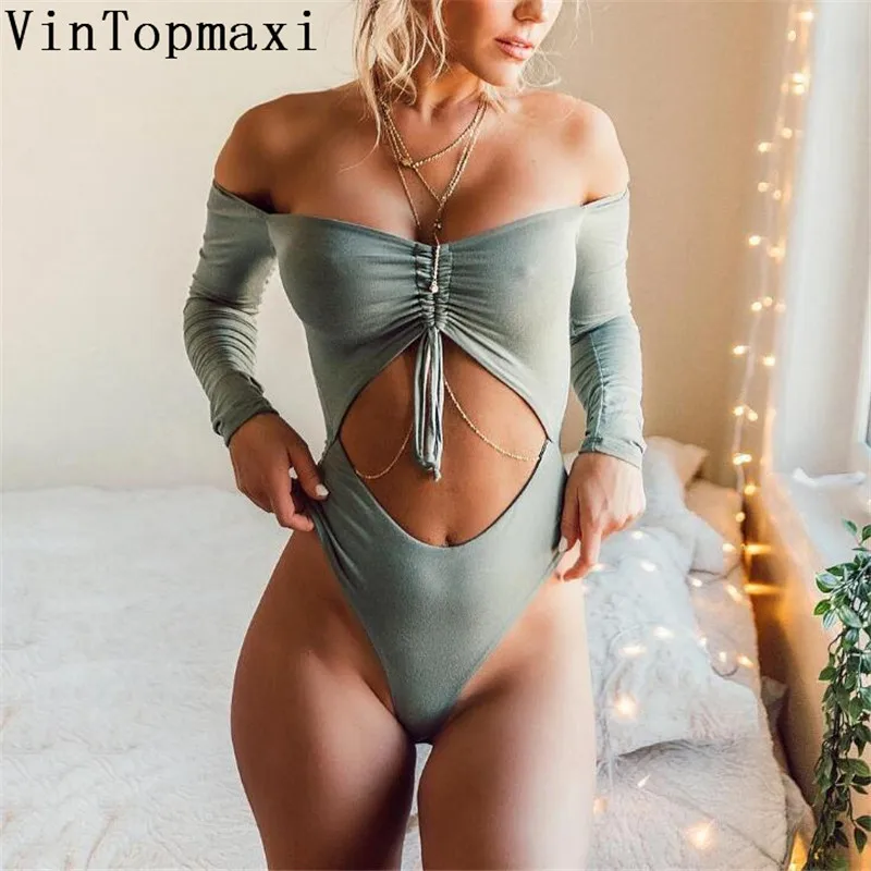 Sexy Bodysuit Long Sleeve Off Shoulder Bikinis 2019 Swimwear Women High Cut Drawstring Swimsuit Monokini One Piece Bathing Suit | Спорт и