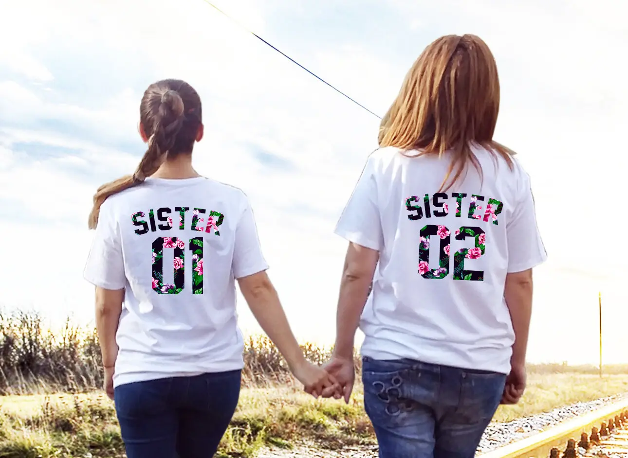 Sister 01 02 BFF Letter Flower Print Tshirt Short Sleeve Tumblr Tee Women T-shirts Best Friends T-shirt Femme Summer Top | Женская