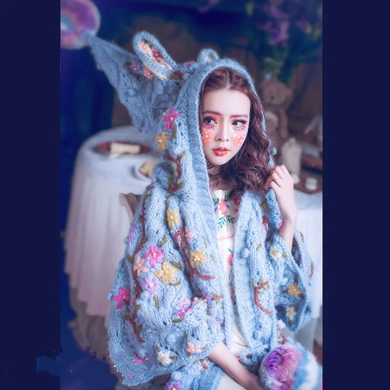 2019 Cardigan Feminino Poncho Magic Doll Spring Virgin Female Blue Heavy Hand Embroidery Stick Needle Loose Hat Rabbit |