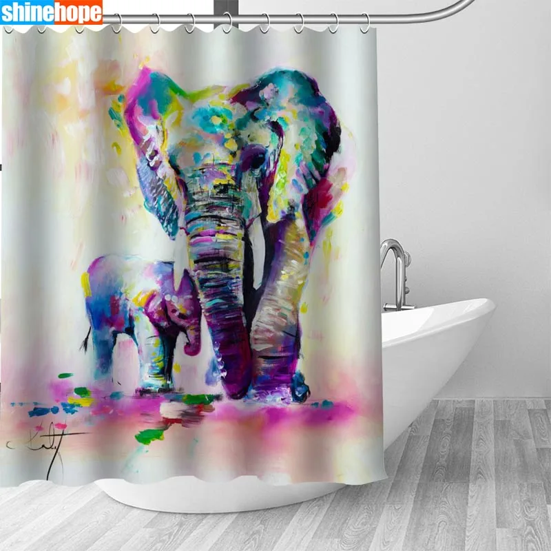 Фото Большая распродажа Новый настраиваемый красочный слон современный душевой занавес с крючками водонепроницаемый полиэстерный материал в ванной комнате.