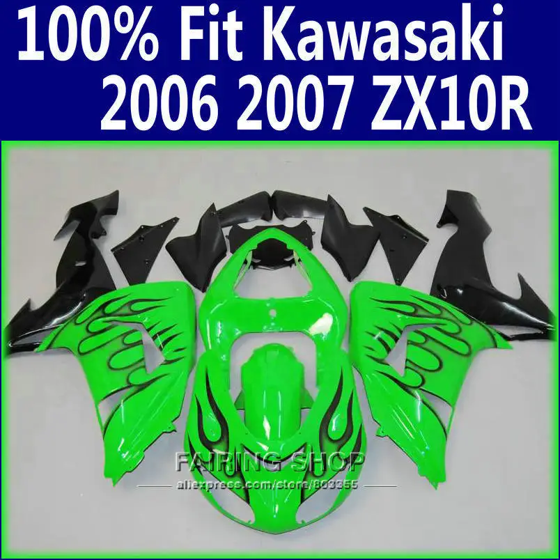 Fit ZX10r Fairings For Kawasaki Ninja 2006 2007 *06 07 Green black flames Fairing kit EMS free x156 | Автомобили и мотоциклы