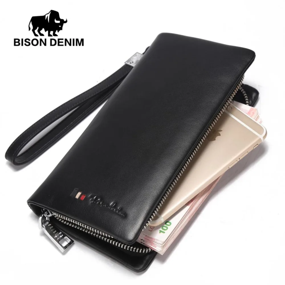 BISON джинсовые брендовые модные мужские кошельки из натуральной кожи, Длинный кошелек на молнии с держателем для карт, кошелек для телефона