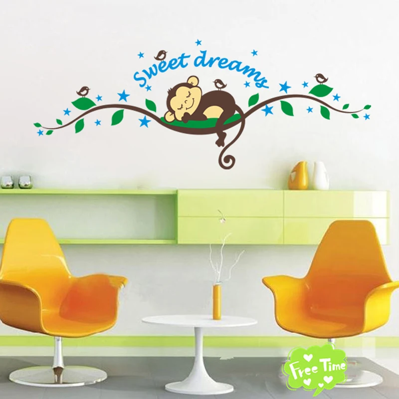 sweet dream cartoon monkey sleeps wall sticker for kids baby room home decor bedroom decals mural decorations animal stickers | Дом и сад