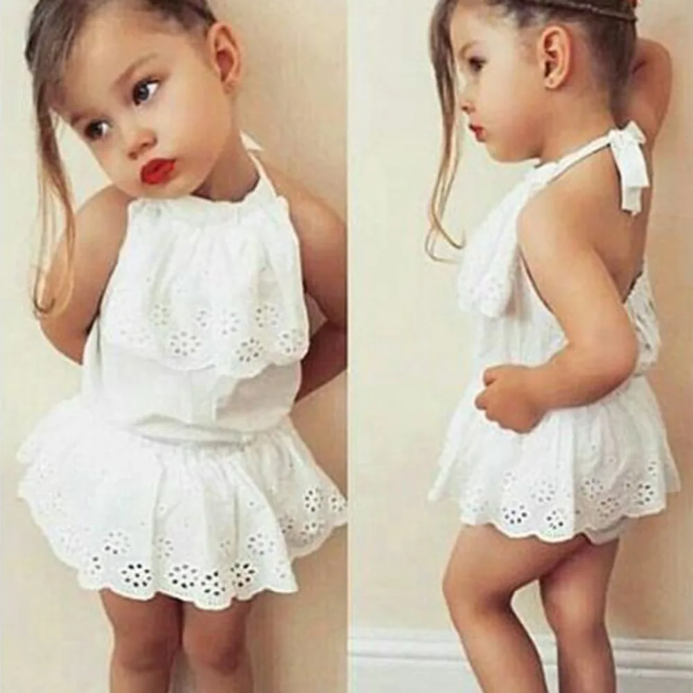 Летний комбинезон для новорожденных девочек Puseky белый кружевной с открытой