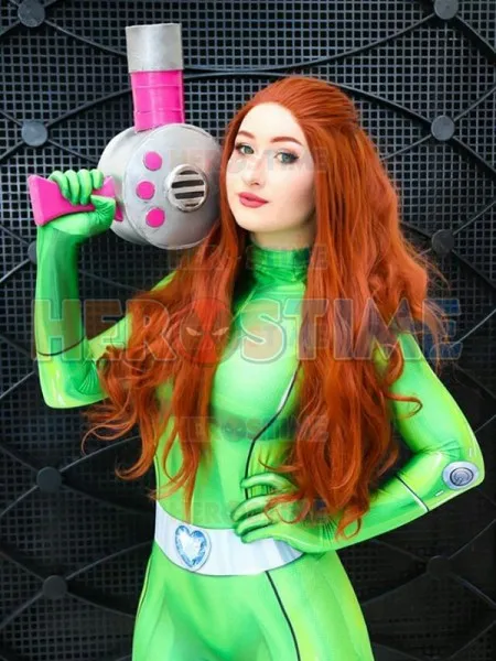 Sam fully Spies Косплей Костюм DyeSub печать зеленый комбинезон из лайкры Zentai костюм для