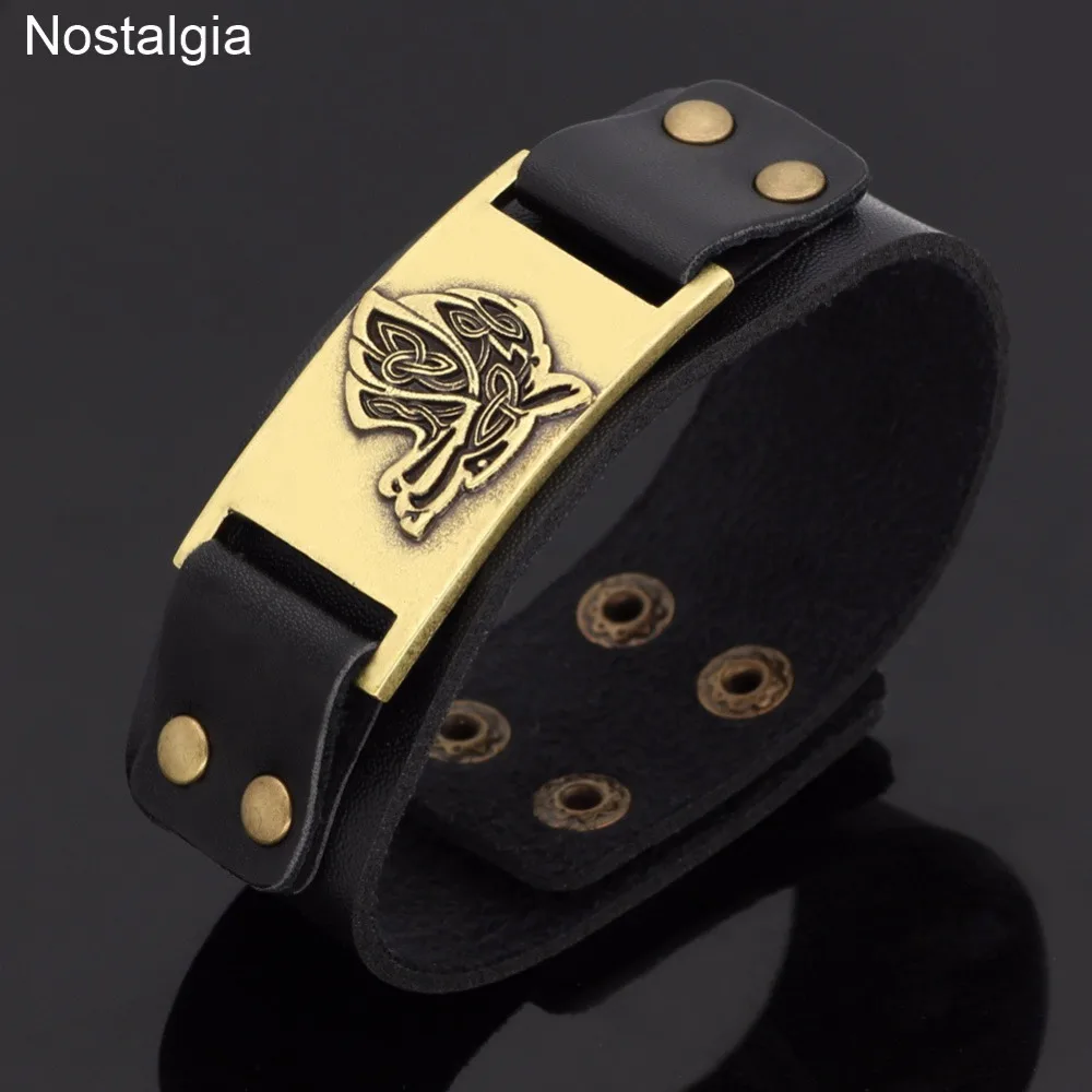 Nostalgia Teen Wolf Amulet Black Leather Jewelry Wide Cuff Bangle Bracelet Viking Animal Trinity Knot Talisman | Украшения и