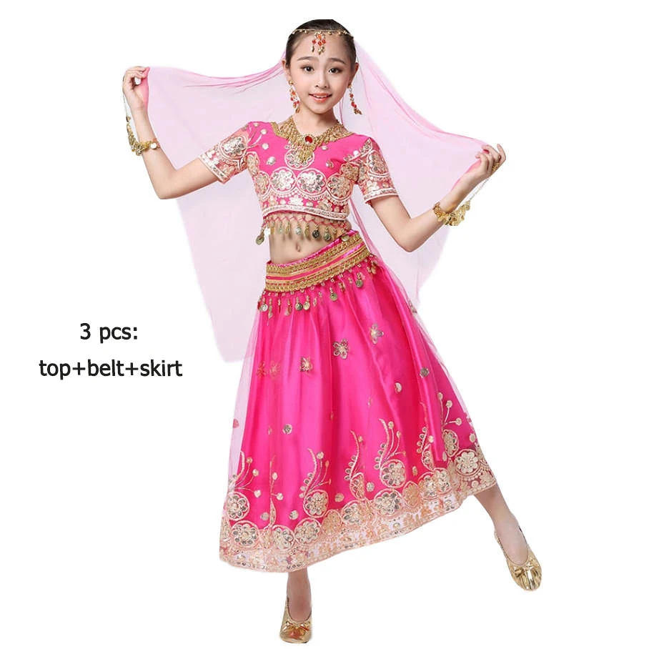rose red 3 pcs Детская одежда Набор костюма для танца живота сценическое живота Одежда для танцев для девочек Индии Танцы Болливудский костюм, для детей от 3/8 шт - Цвет: rose red 3 pcs
