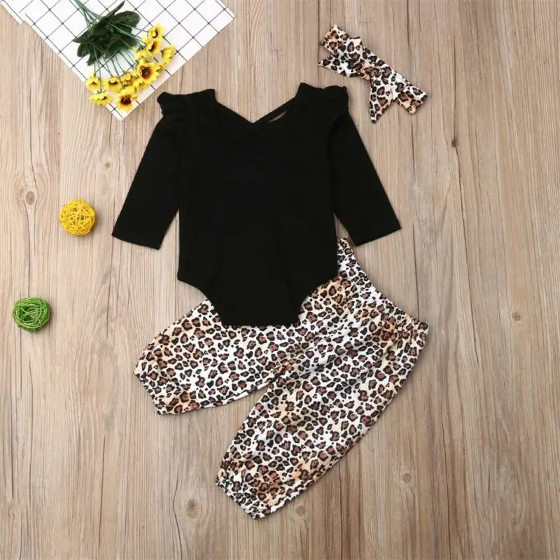 

US Toddler Kids Baby Girl Clothes Set Long Sleeve Romper Pants Headband Outfit