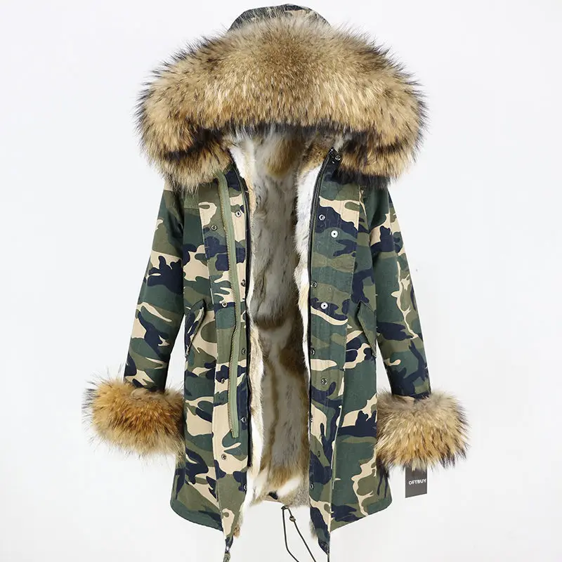 camo natural XD OFTBUY длинная парка, пальто с натуральным мехом, зимняя куртка для женщин, воротник из натурального меха енота, капюшон, теплая толстая подкладка из меха кролика, уличная одежда - Цвет: camo natural XD