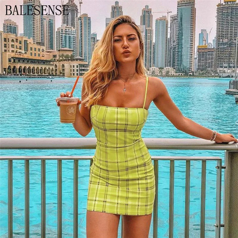 Плед Спагетти ремень Мини Bodycon платье Для женщин Сексуальная Клубная одежда