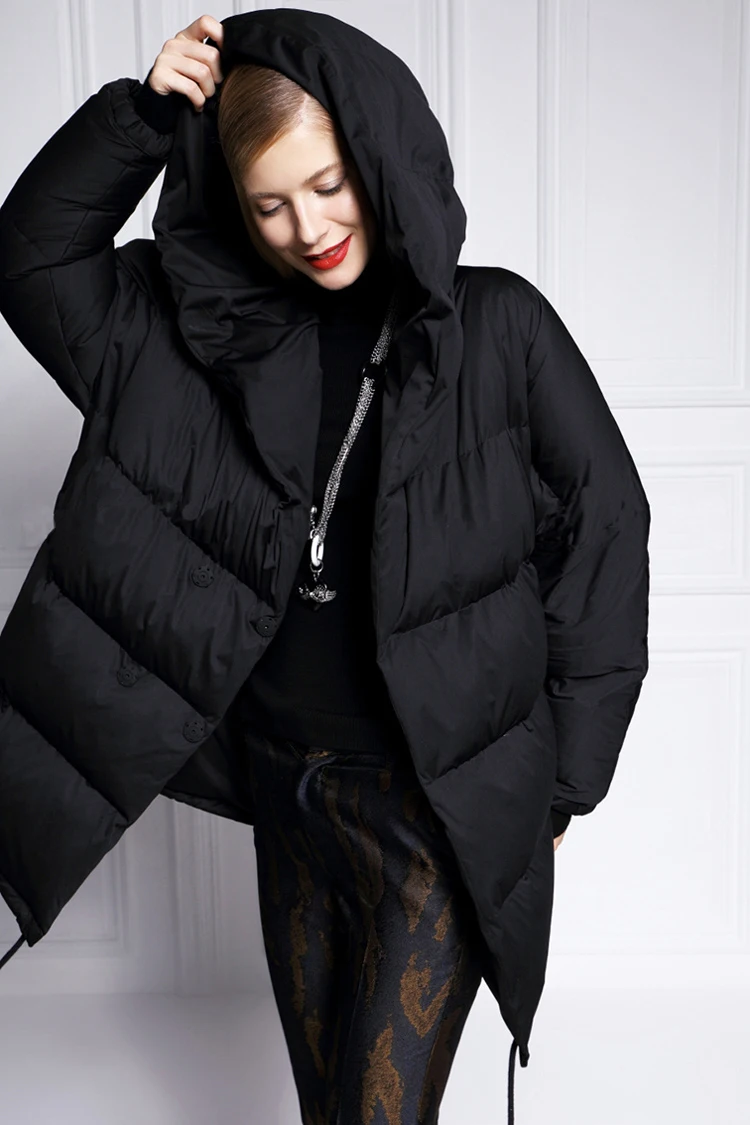 Женский пуховик на белом утином пуху Свободный теплый с капюшоном большие