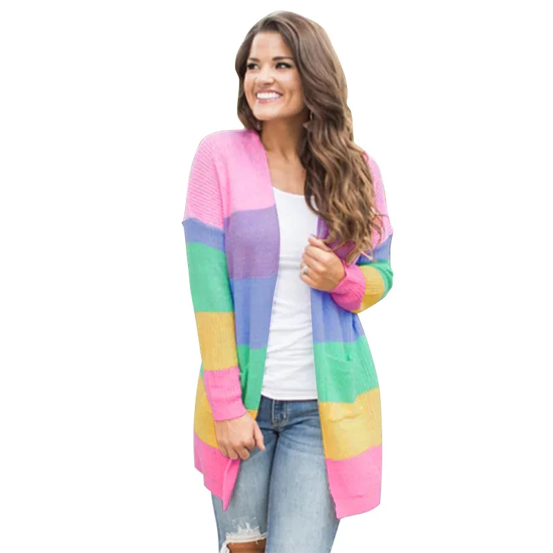 

Women Casual Style Color Block Rainbow Designed Knitting Cardigan V-neck Long Sleeves Loose Pattern Clothing FS0762
