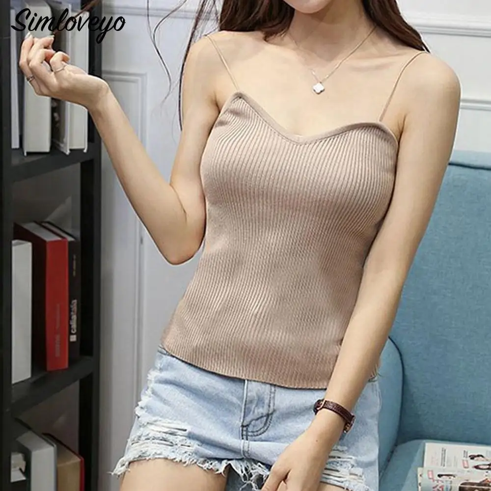 

SIMLOVEYO 2019 Spring Summer Women vest Camisole knit Splicing V-neck Vest Female Slim Sling Tank Tops Knitted Vest 10 colors