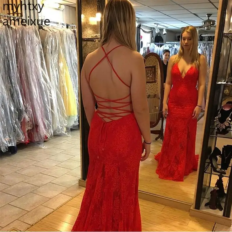 

2021 New Arrival Mermaid Red Lace Plus Size Evening Dresses V-neck Crisscross Back Floor Length Prom Party Gowns Robe De Soiree
