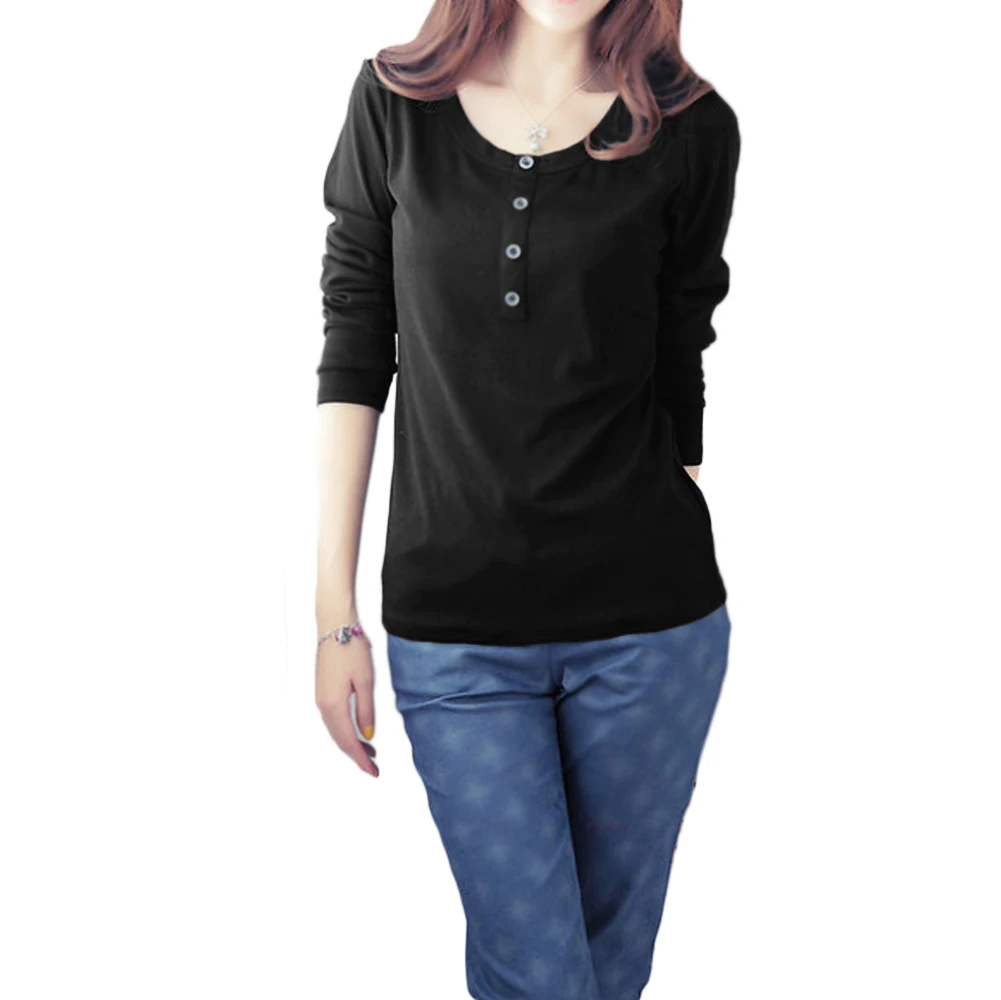 2015 Autumn Spring Top Women Long Sleeve Fashion O Neck Button Decoration casual t shirt Burgundy tshirt Plus Size XXL 3XL